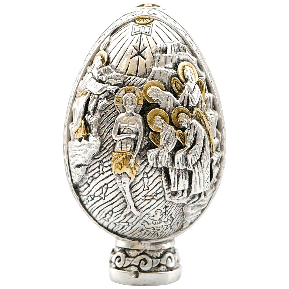 Jesus Christ's Nativity and Baptism Pure Silver and 24k Gold Plated Egg