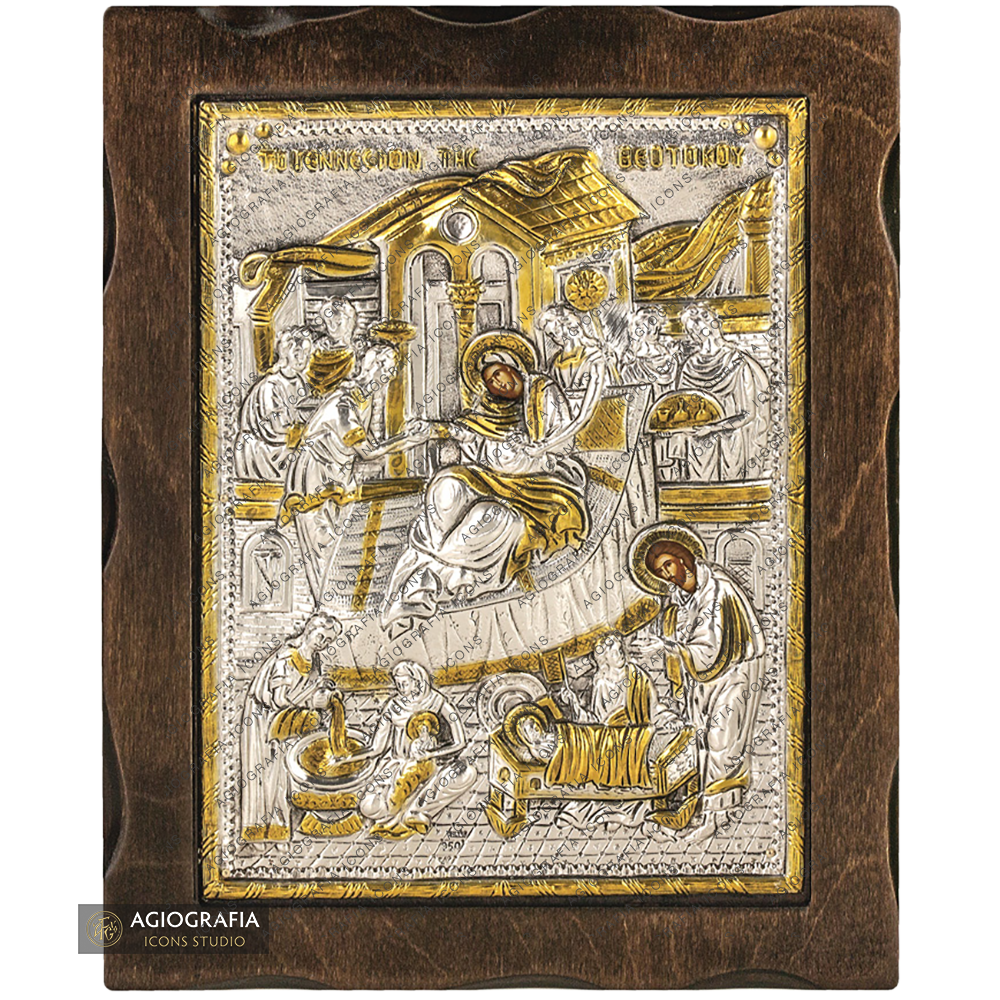 Nativity of Theotokos Pure Silver and 24k Gold Plated Icon