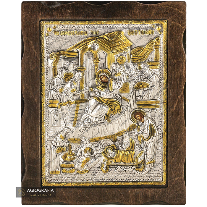 Nativity of Theotokos Pure Silver and 24k Gold Plated Icon