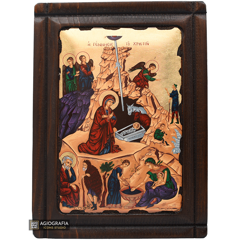 Nativity of the Lord Eastern Christian Icon on Wood with Gold Leaf