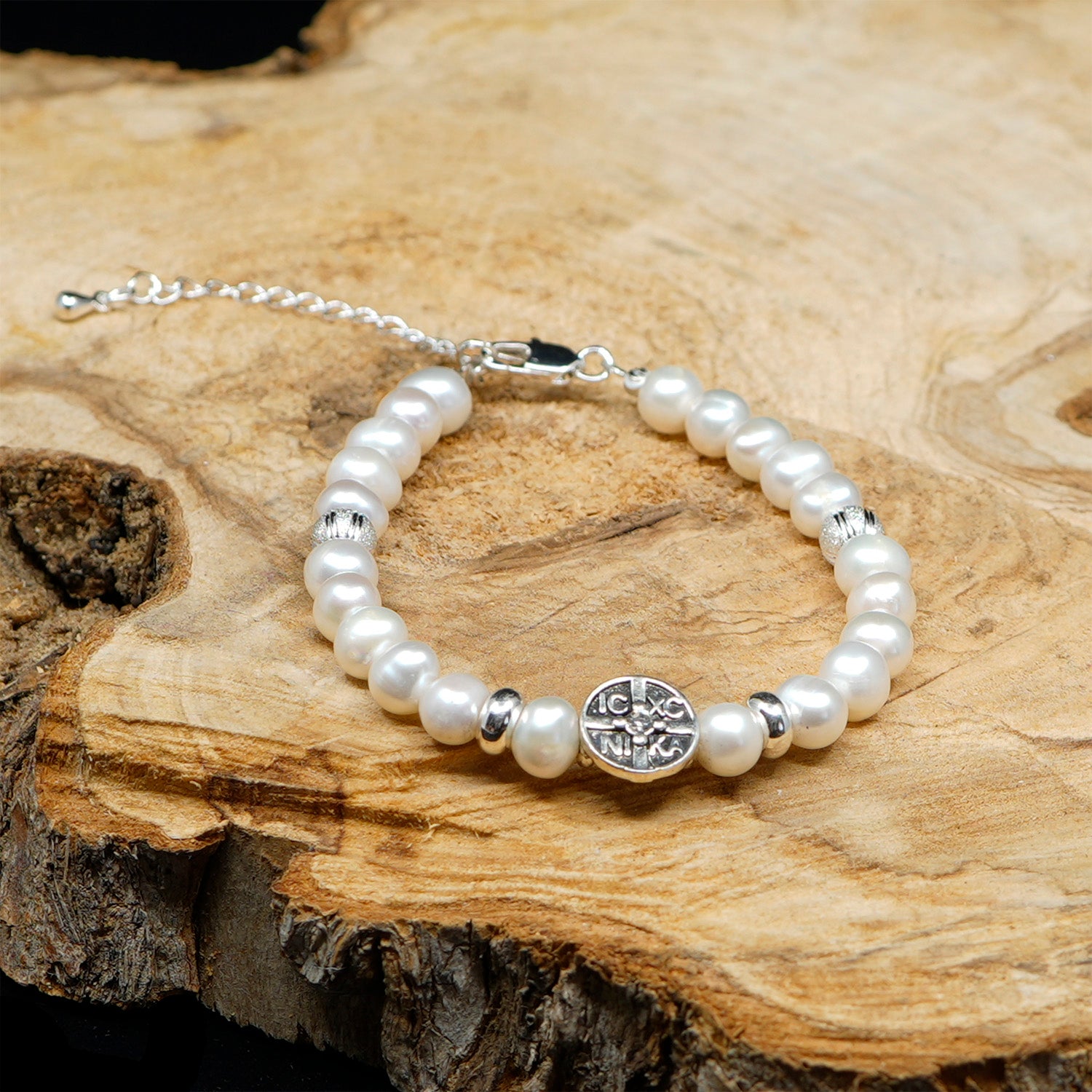 Pearls [Creamy White] Platinum Plated & Sterling Silver Christian Woman Bracelet