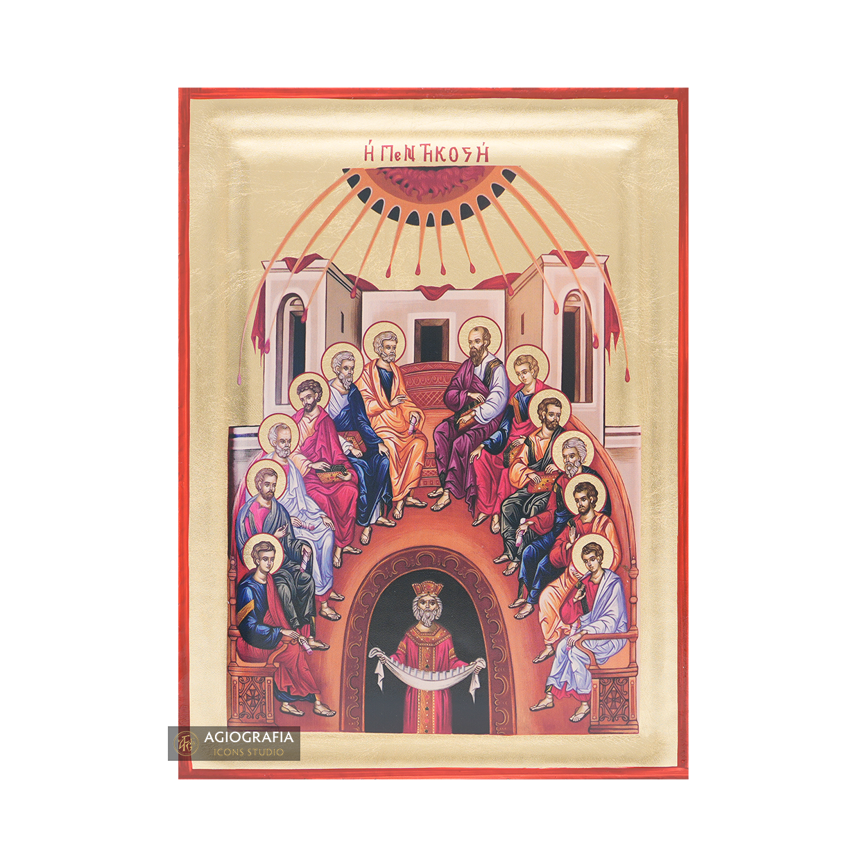 Pentecost Orthodox Icon on Wood with Gold Leaf background