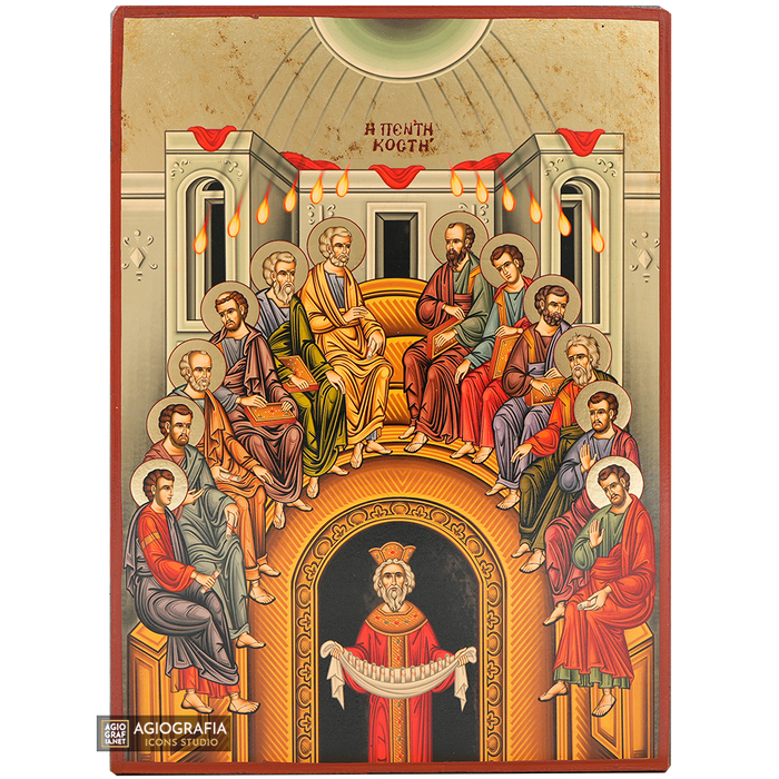 Pentecost Gold Print Orthodox Icon with Aged Gold Foil
