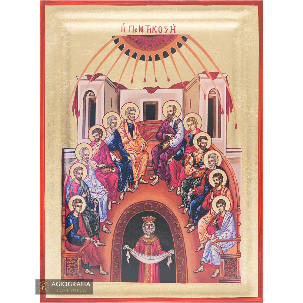 Pentecost Orthodox Icon on Wood with Gold Leaf background