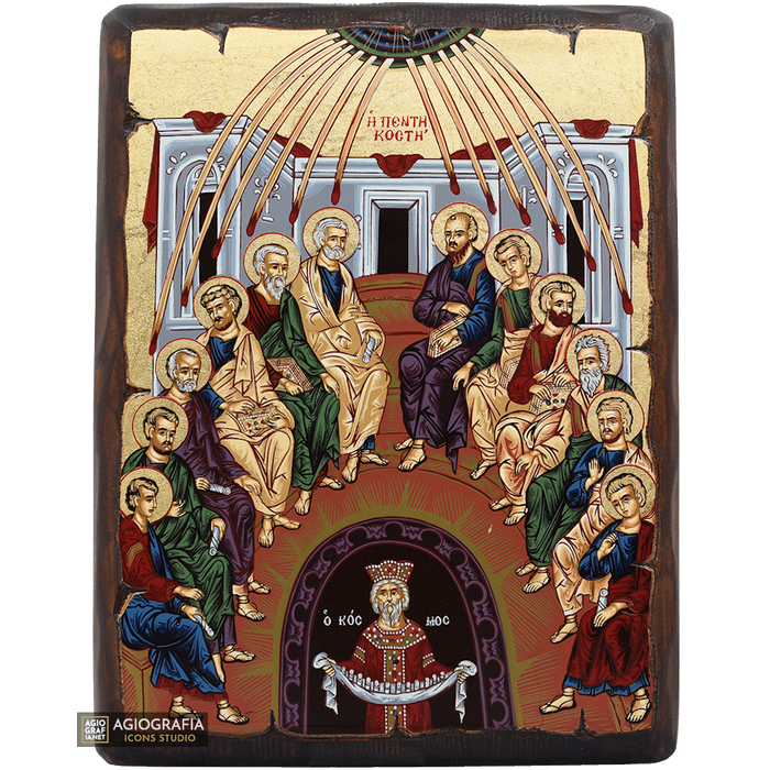 Pentecost Christian Byzantine Orthodox Icon on Wood with Gold Leaf