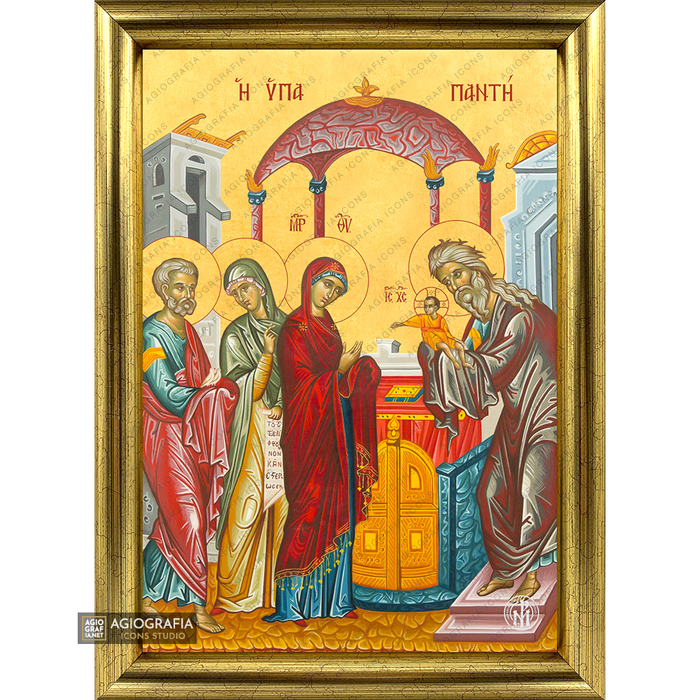 22k Presentazione del Signore icona cristiana incorniciata a foglia d'oro
