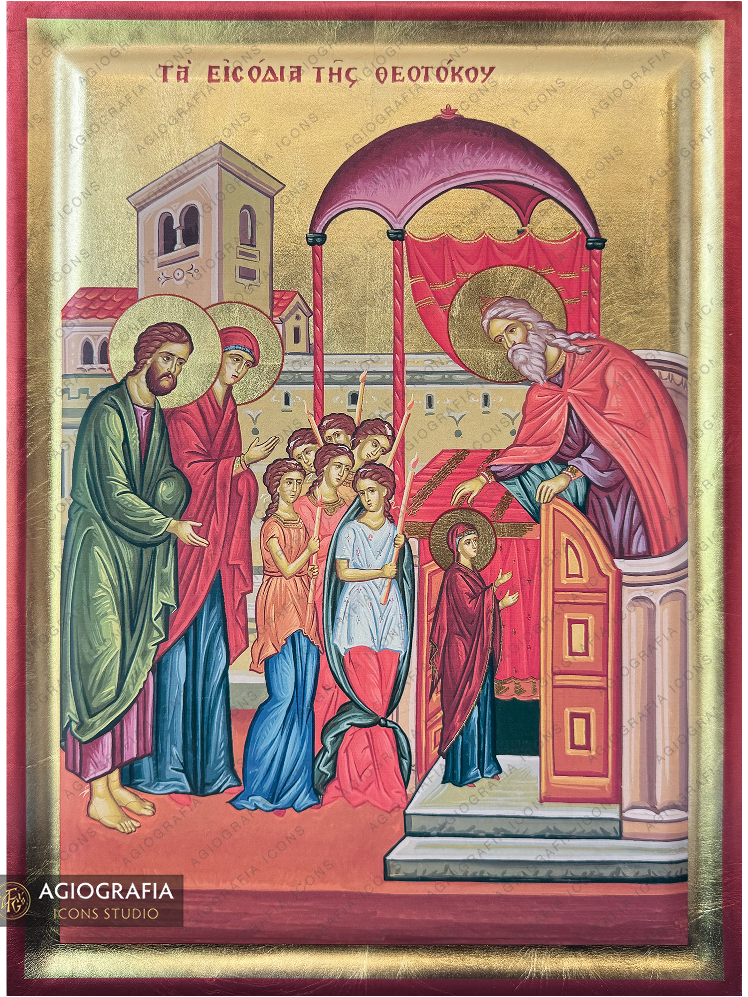 Virgin Mary Entry into the Temple Christian Icon with Gold Leaf