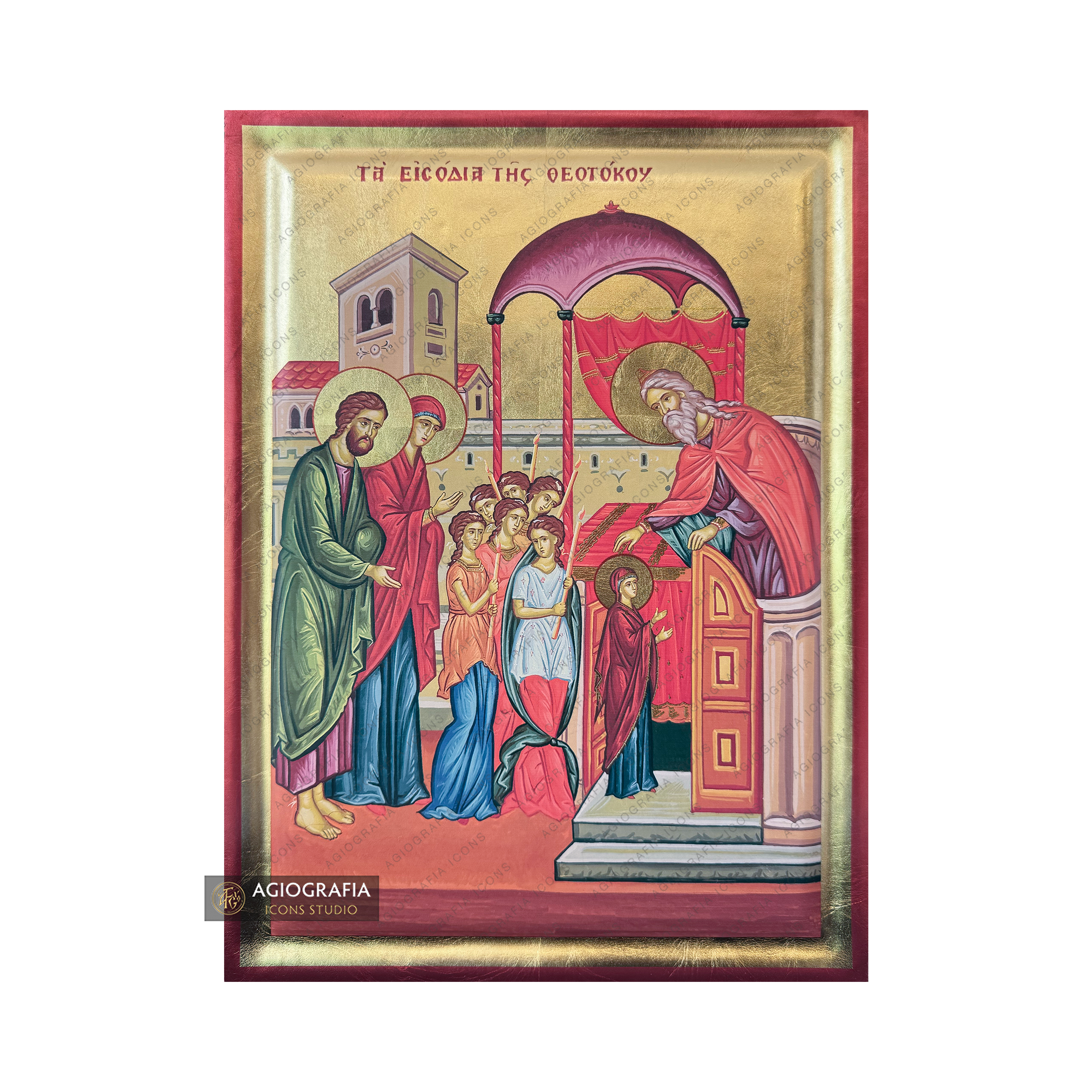 Virgin Mary Entry into the Temple Christian Icon with Gold Leaf