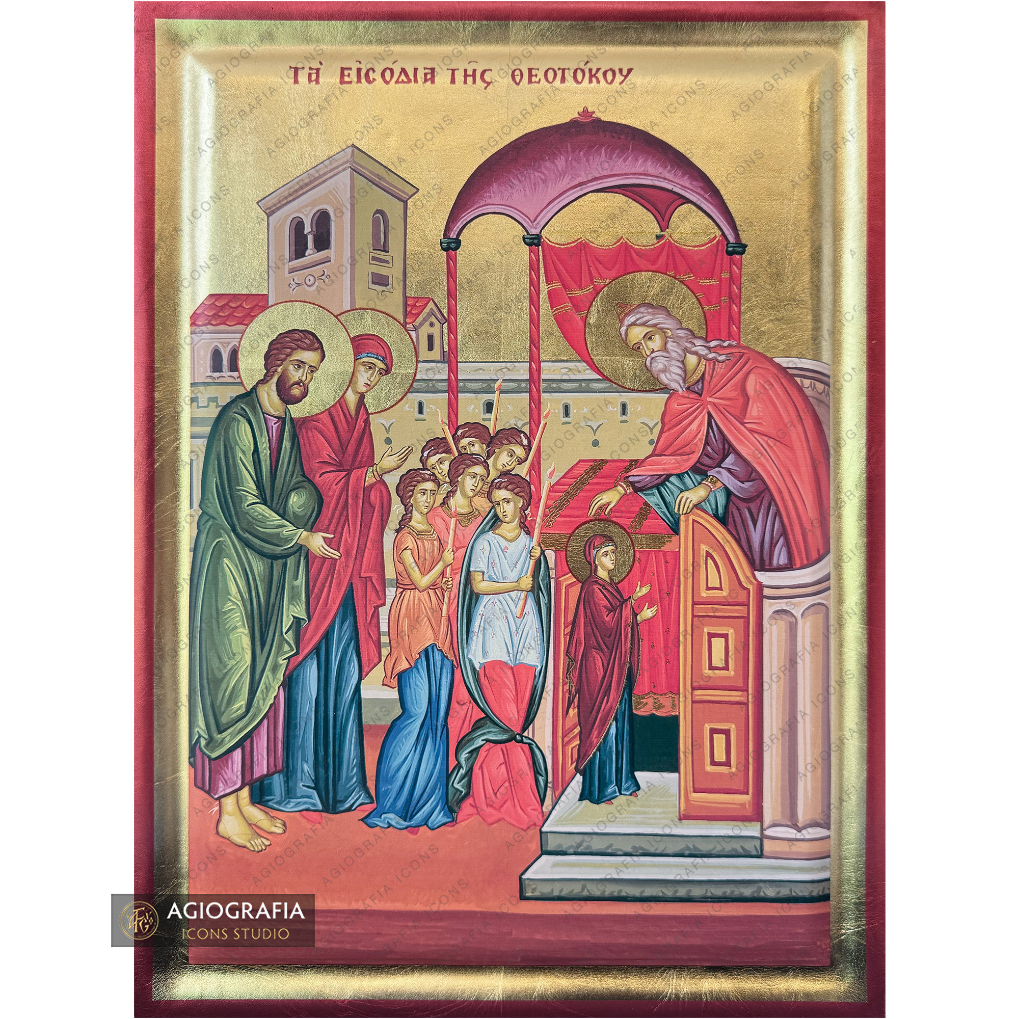 Virgin Mary Entry into the Temple Christian Icon with Gold Leaf