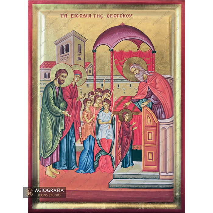 Virgin Mary Entry into the Temple Christian Icon with Gold Leaf