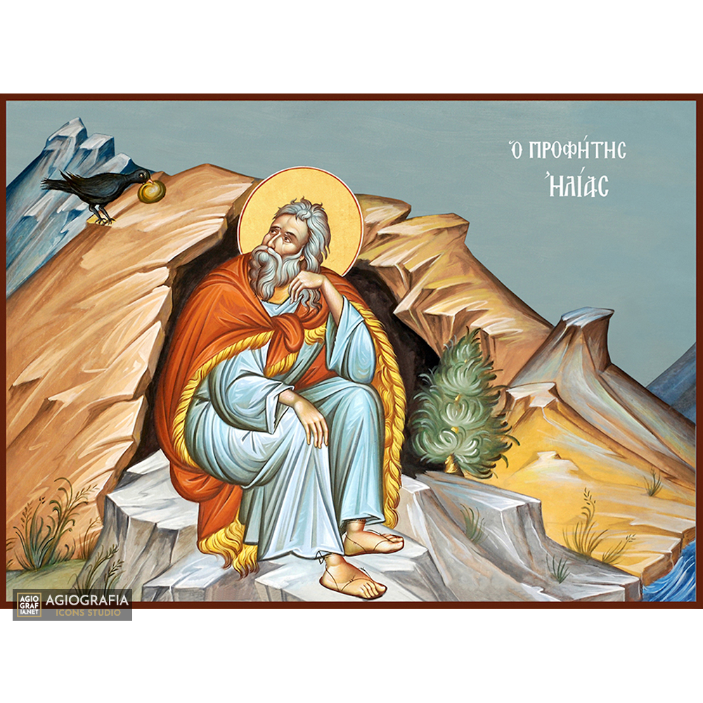 Prophet Elijah Eastern Christian Wood Icon with Blue Background