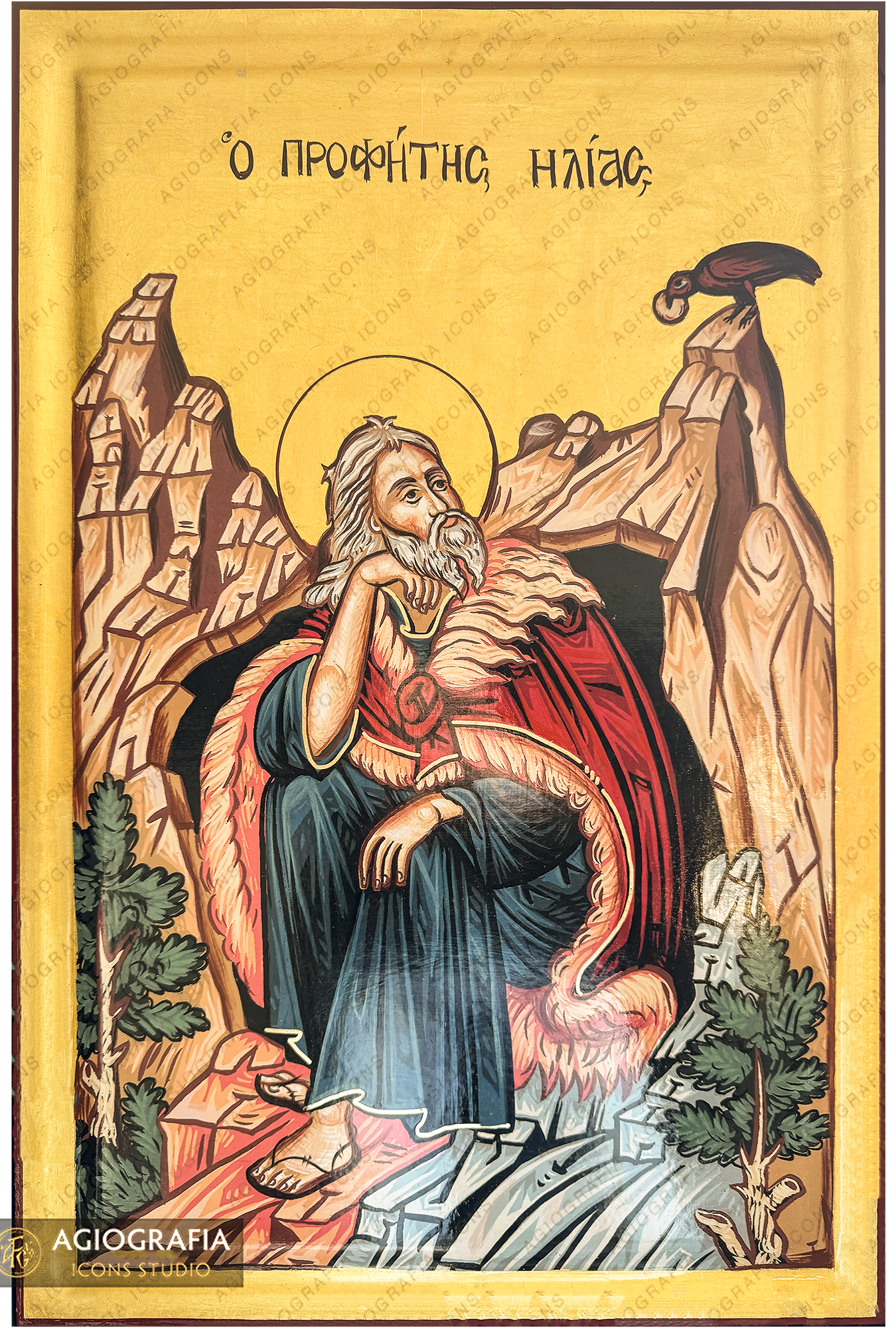 24k Prophet Elijah (Elias) Christian Orthodox Icon with Gold Leaves