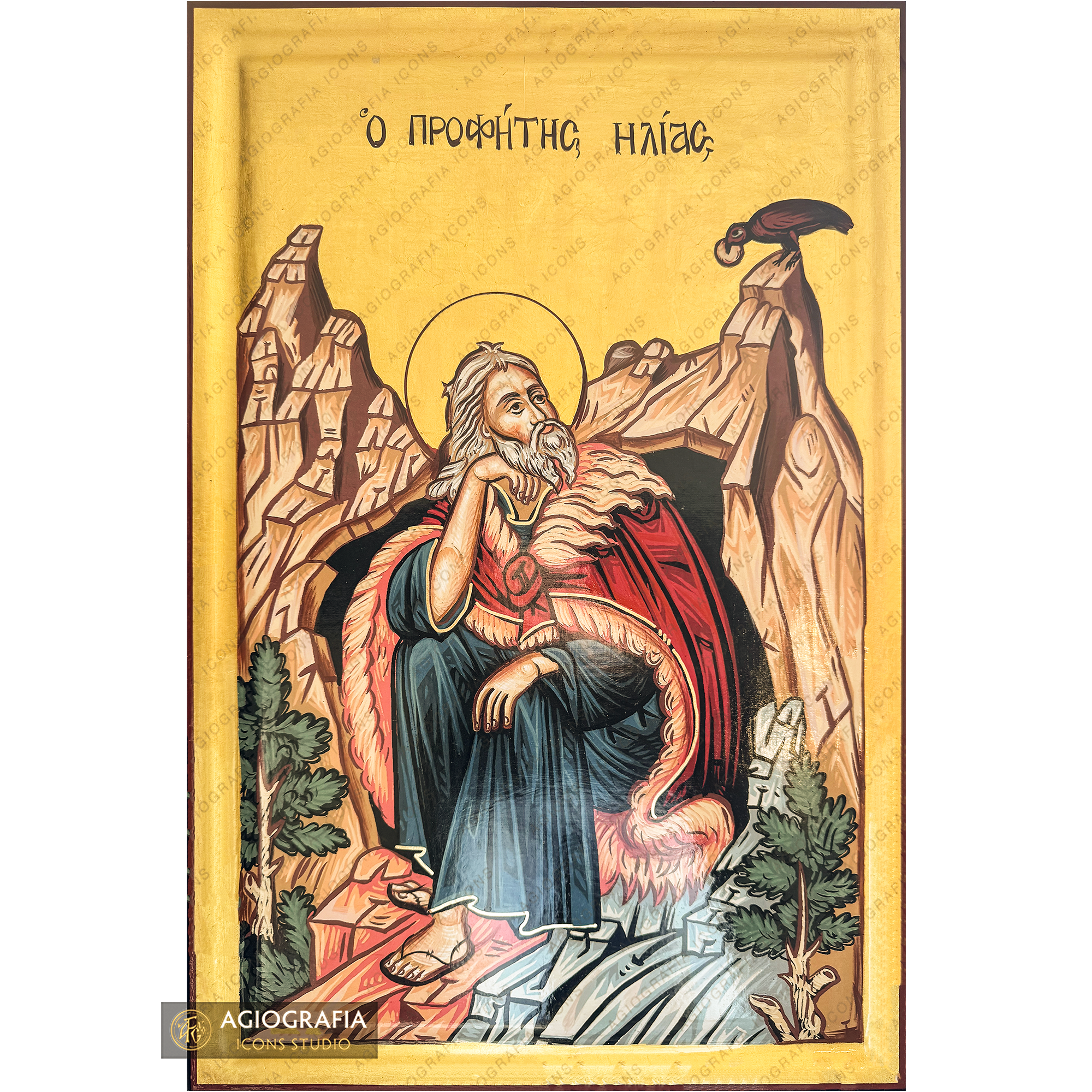 24k Prophet Elijah (Elias) Christian Orthodox Icon with Gold Leaves