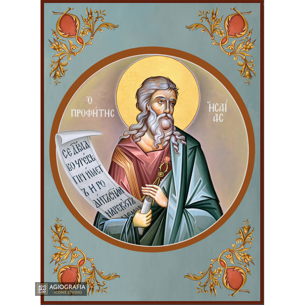 Prophet Isaiah Greek Orthodox Icon on Wood with Blue Background