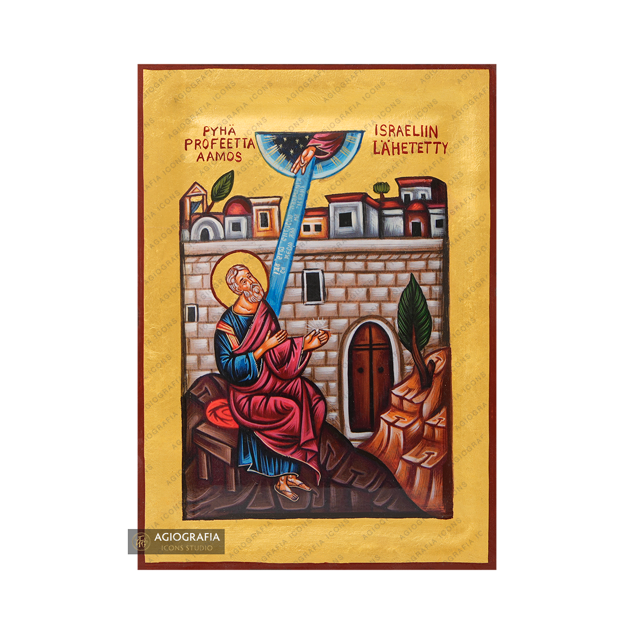 24k Exclusive Prophet Amos (Finnish Letters) Orthodox Icon with Gold Leaves