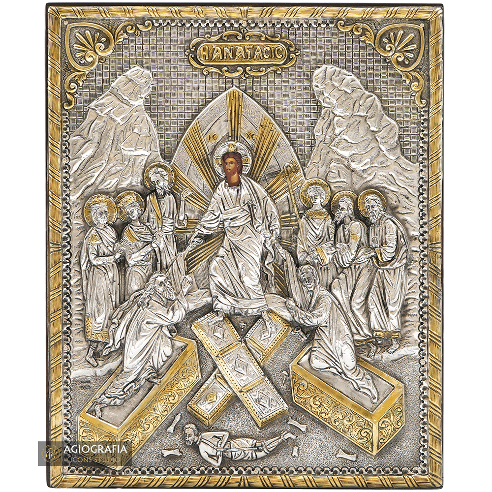 Risurrezione del Signore icona ortodossa in argento puro placcata oro 24k