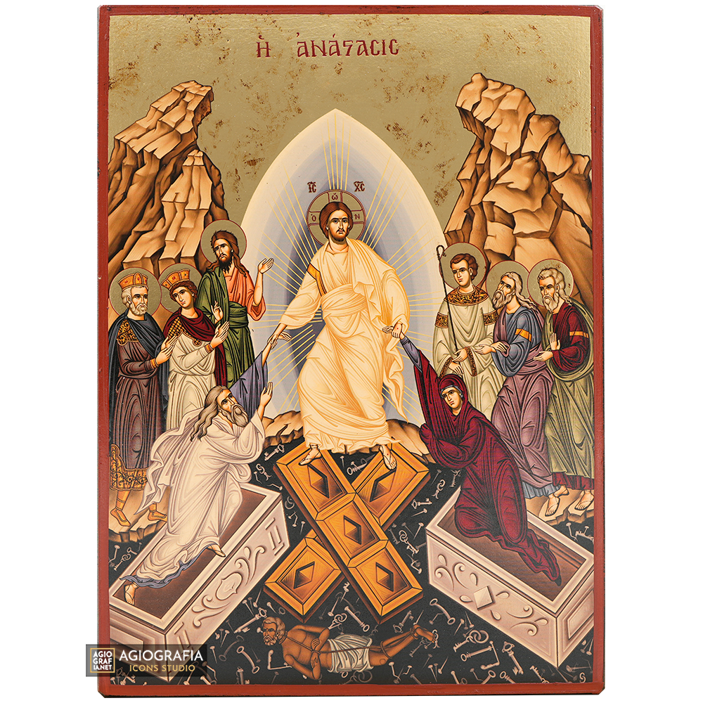 Résurrection du Seigneur icône en impression or avec feuille d'or vieillie