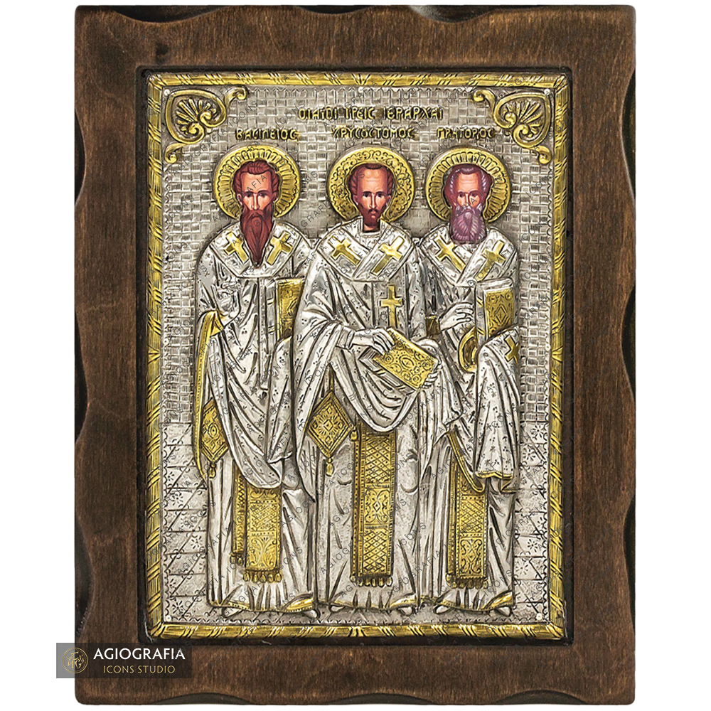 Saint Three Hierarchs Pure Silver and 24k Gold Plated Christian Icon