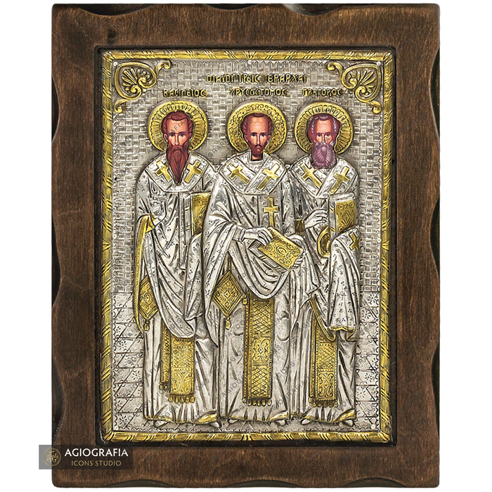 Heilige Drei Hierarchen christliche Ikone aus reinem Silber mit 24k Vergoldung