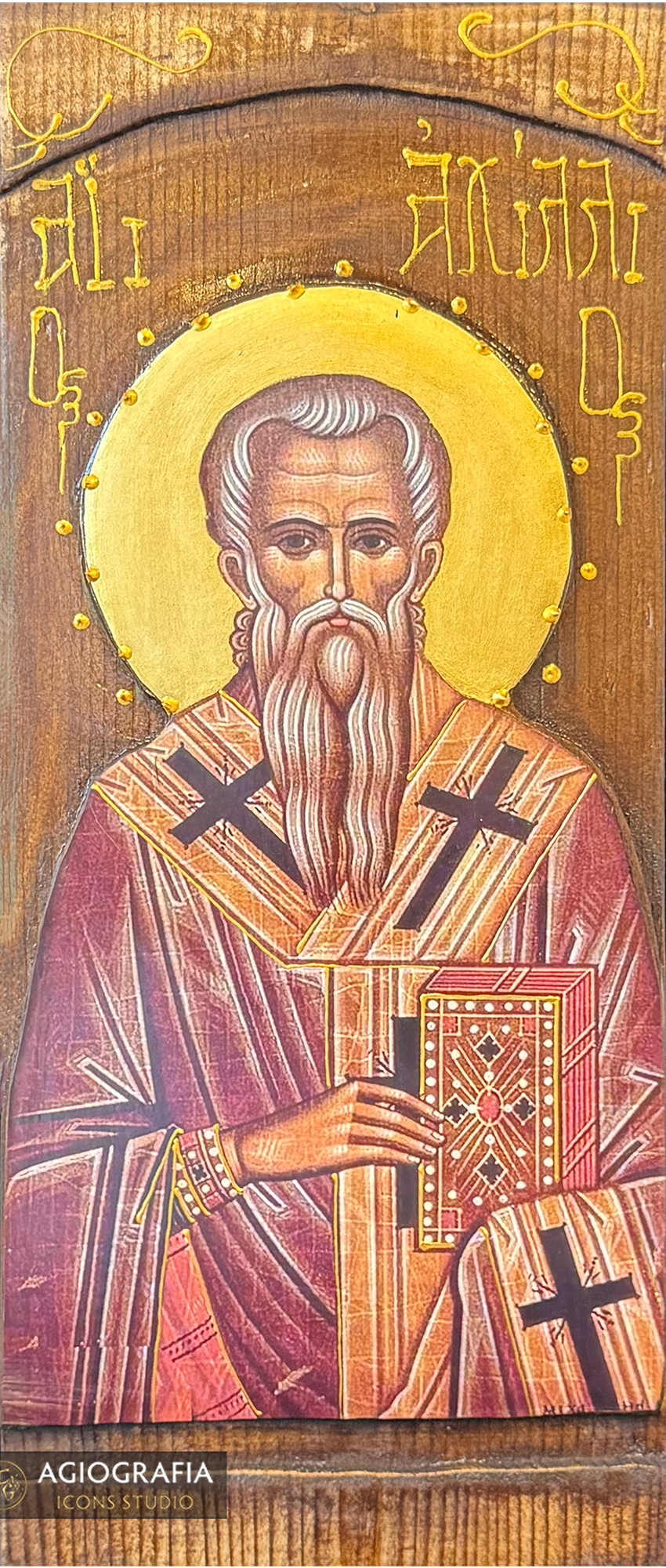 Saint Achilles Orthodox Gold Print Icon on Carved Wood