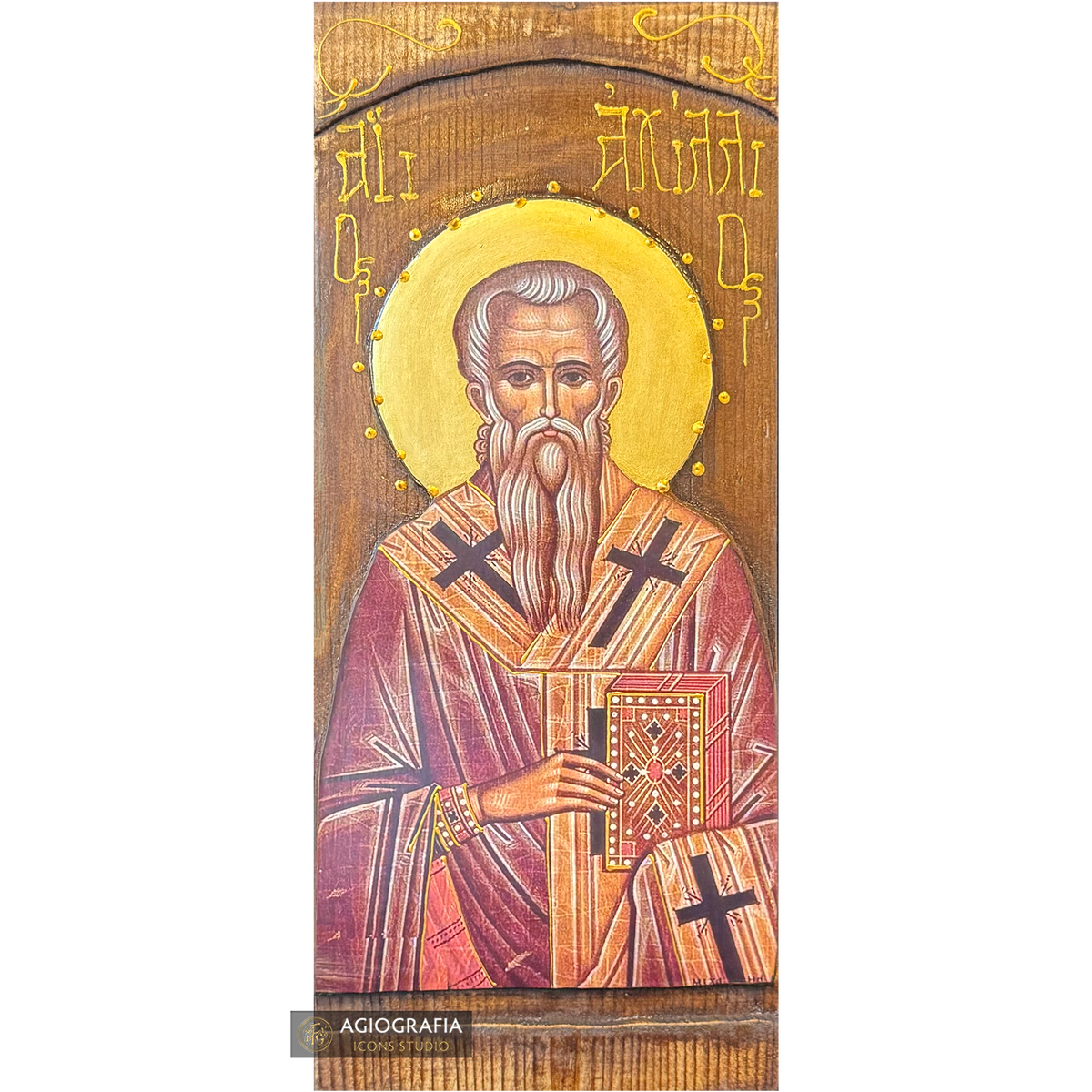 Saint Achilles Orthodox Gold Print Icon on Carved Wood