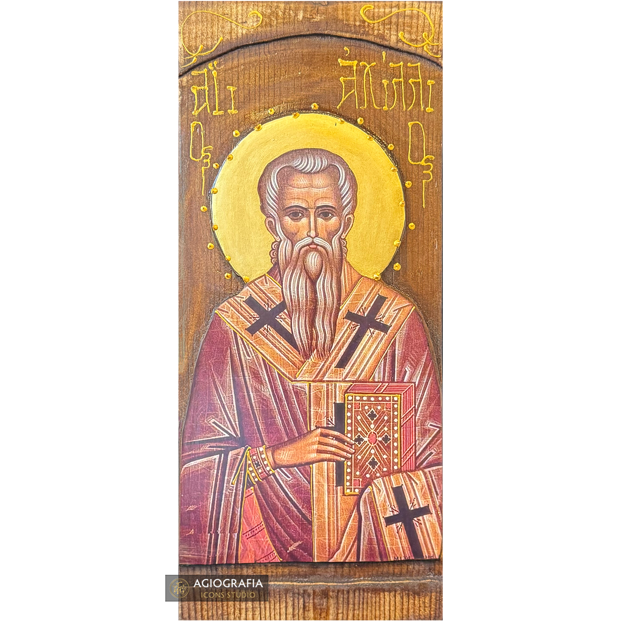Saint Achilles Orthodox Gold Print Icon on Carved Wood