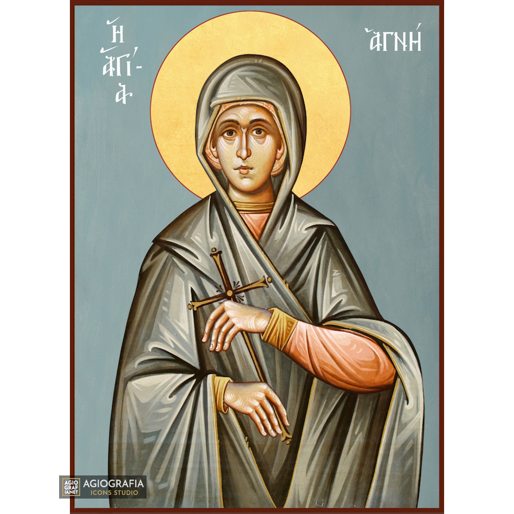 St Agni Christian Greek Orthodox Icon with Blue Background