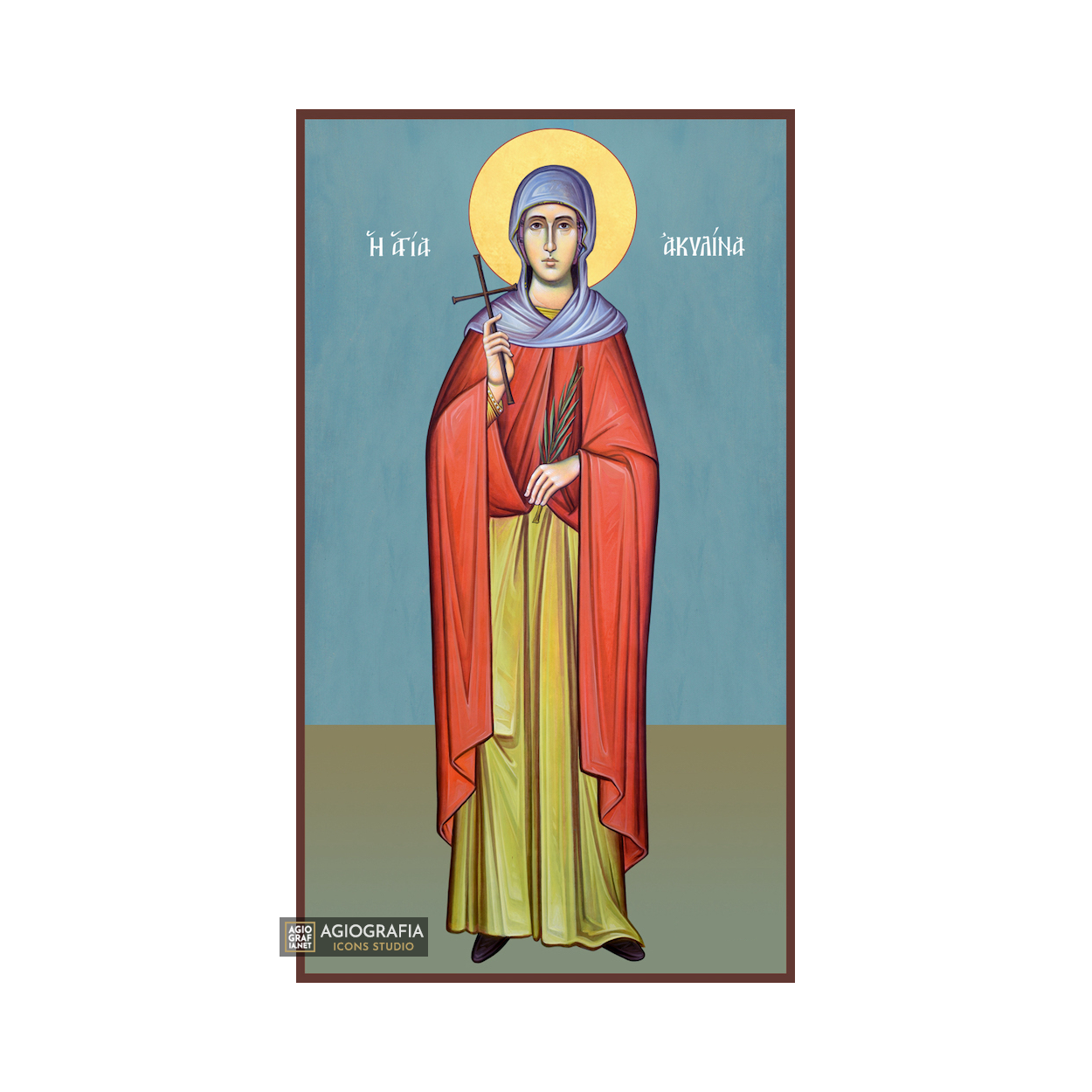St Akilina Greek Orthodox Wood Icon with Blue Background