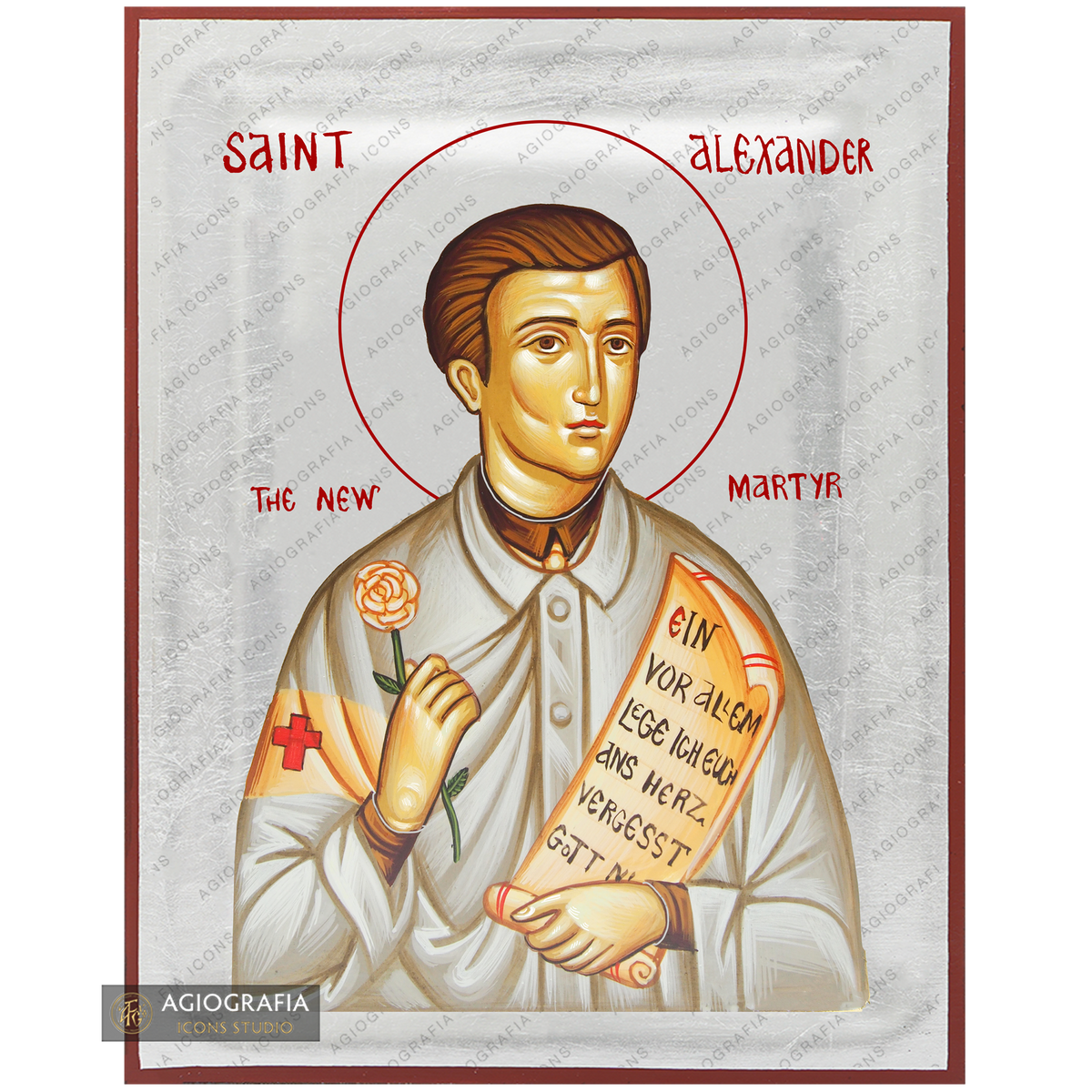 Exclusive St Alexander Schmorell Icon with Pure Silver Leaves