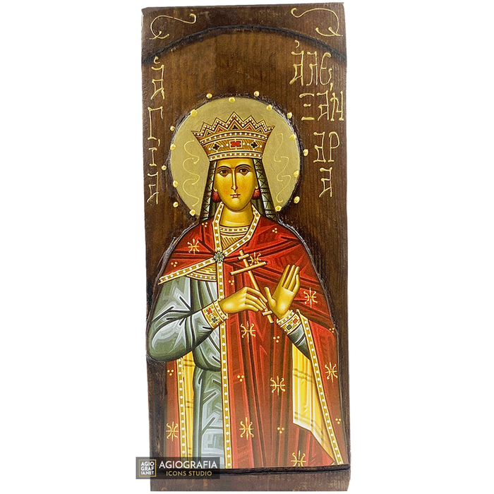 Sant'Alessandra icona cristiana ortodossa a stampa oro su legno intagliato