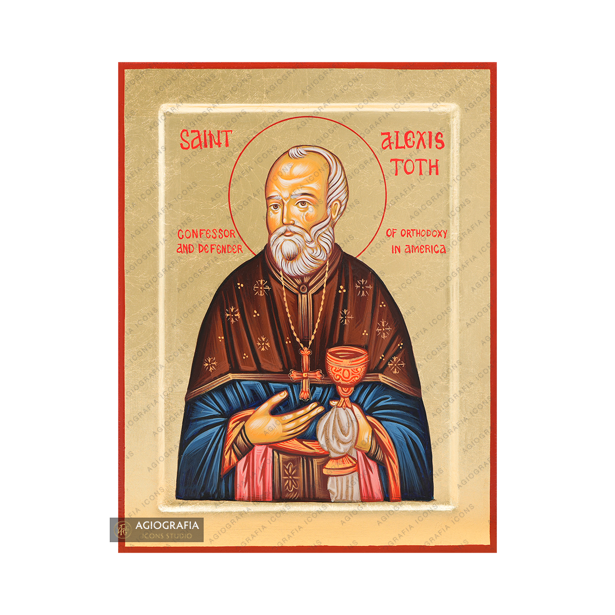 Saint Alexis Toth Handwritten Greek Icon with Matte Gold Leaves