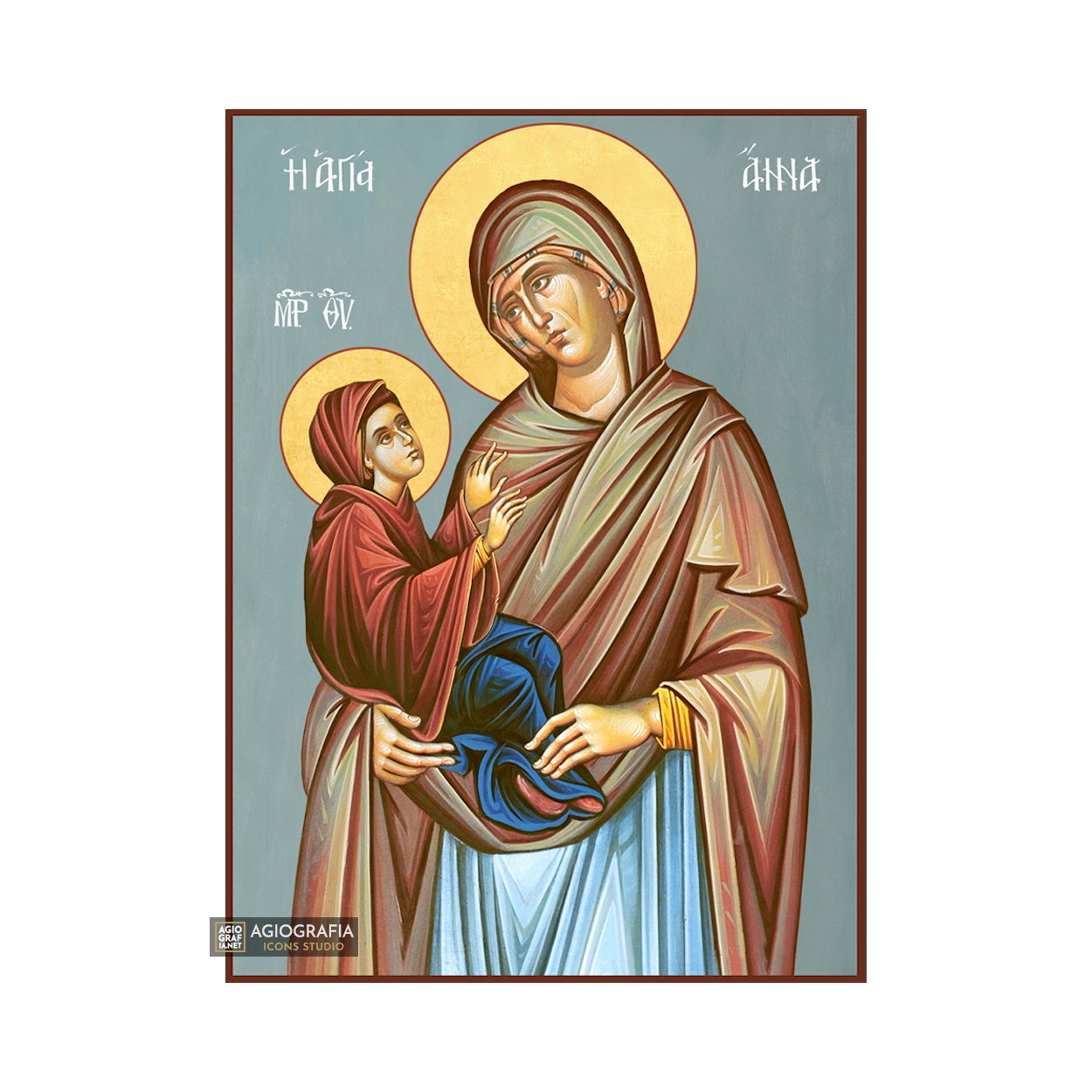 St Anna Christian Orthodox Wood Icon with Blue Background