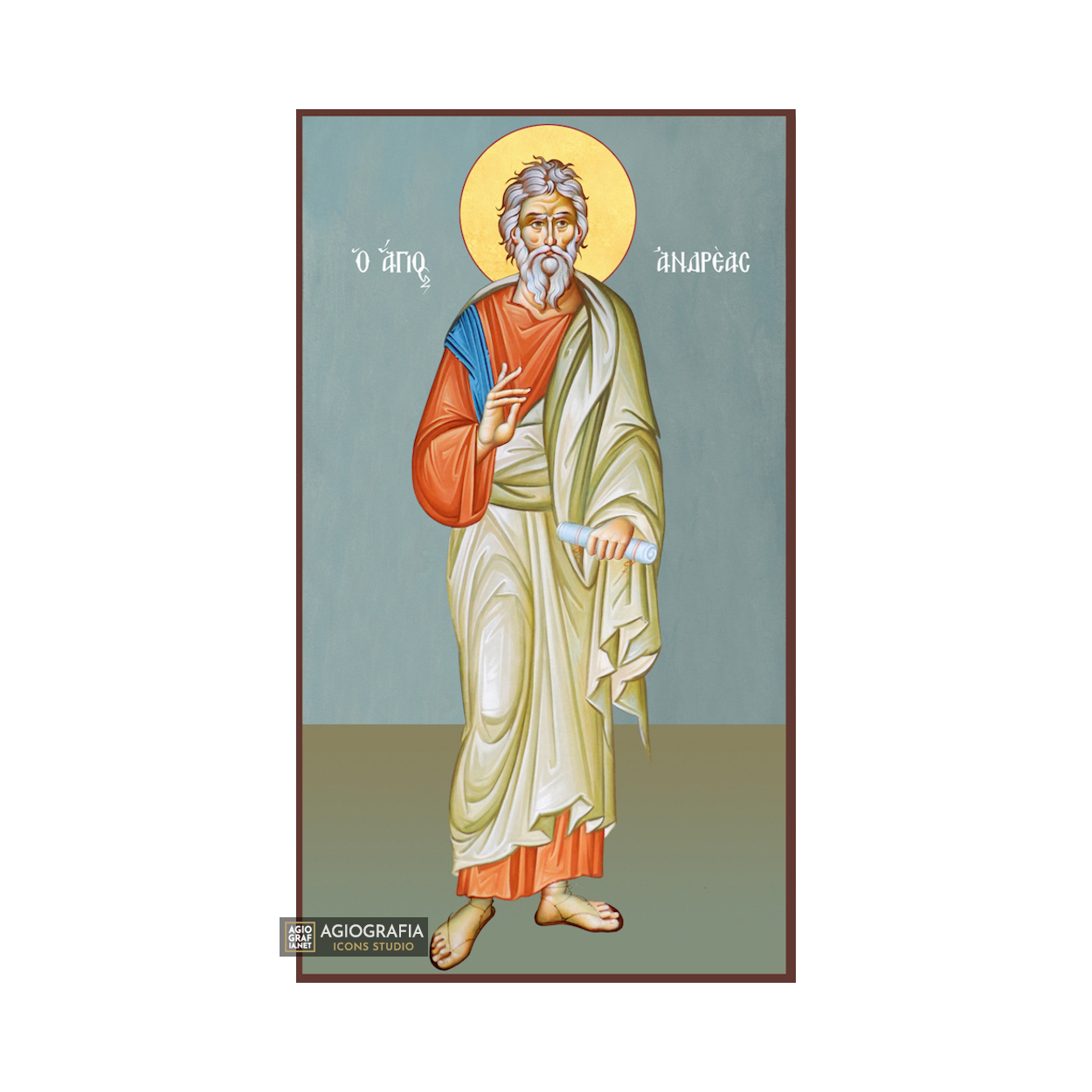 St Apostle Andrew Orthodox Wood Icon with Blue Background