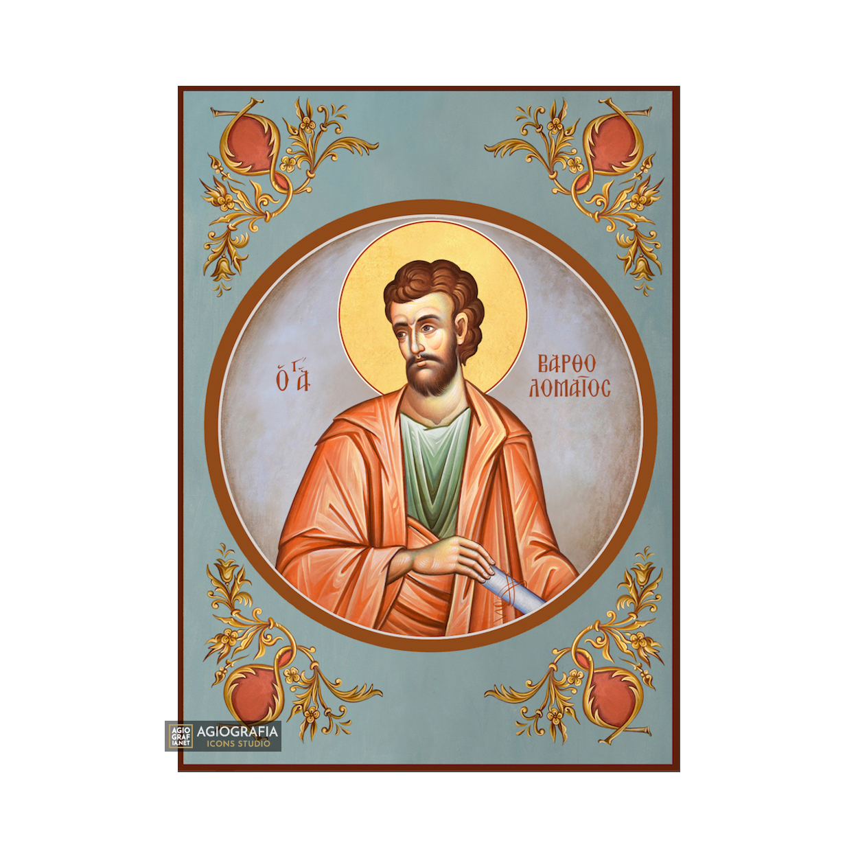 St Apostle Bartholomew Greek Wood Icon with Blue Background