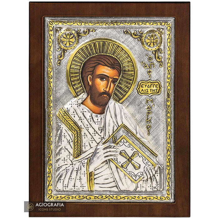 Santo Apostolo Marco icona cristiana ortodossa placcata argento e oro
