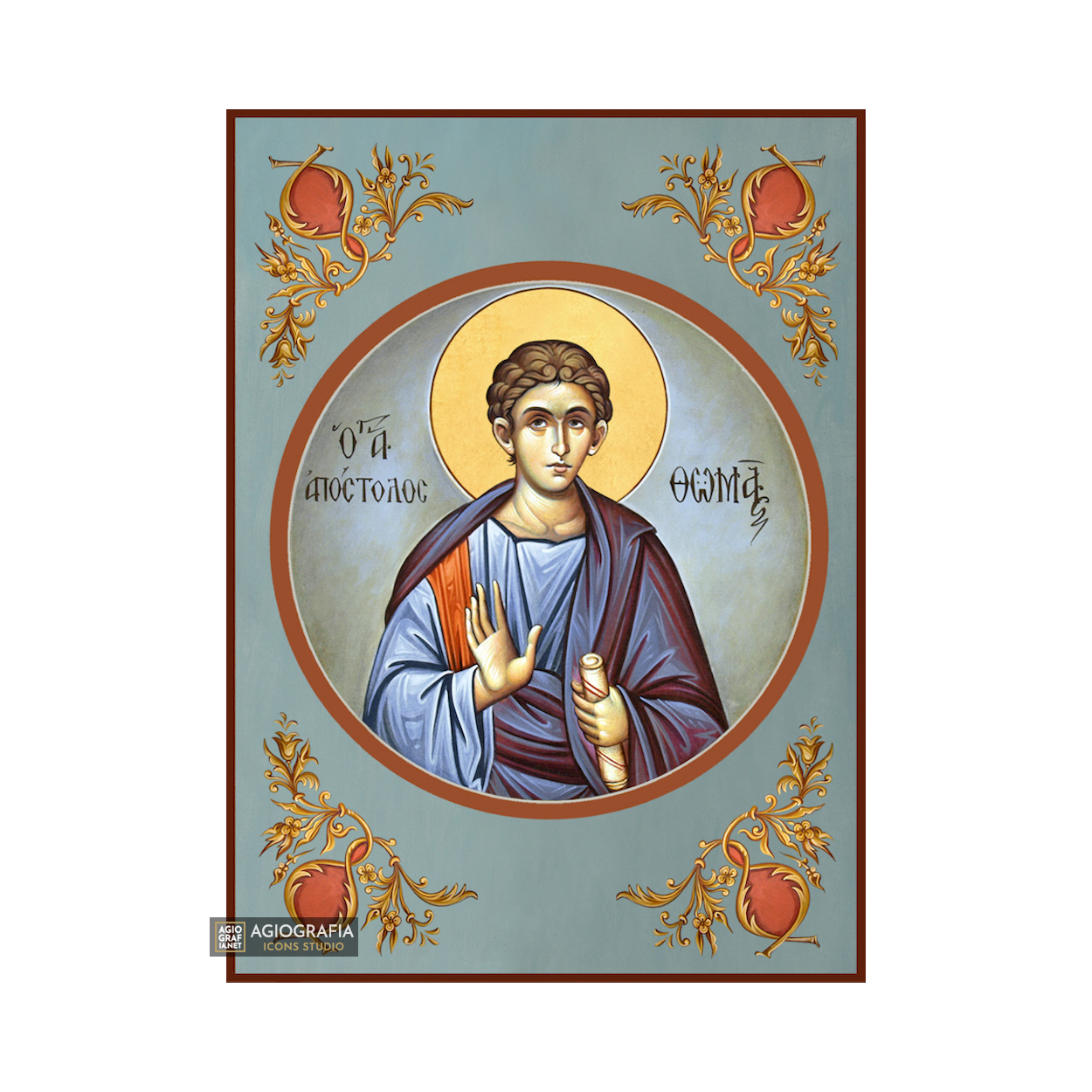 St Apostle Thomas Greek Orthodox Icon with Blue Background