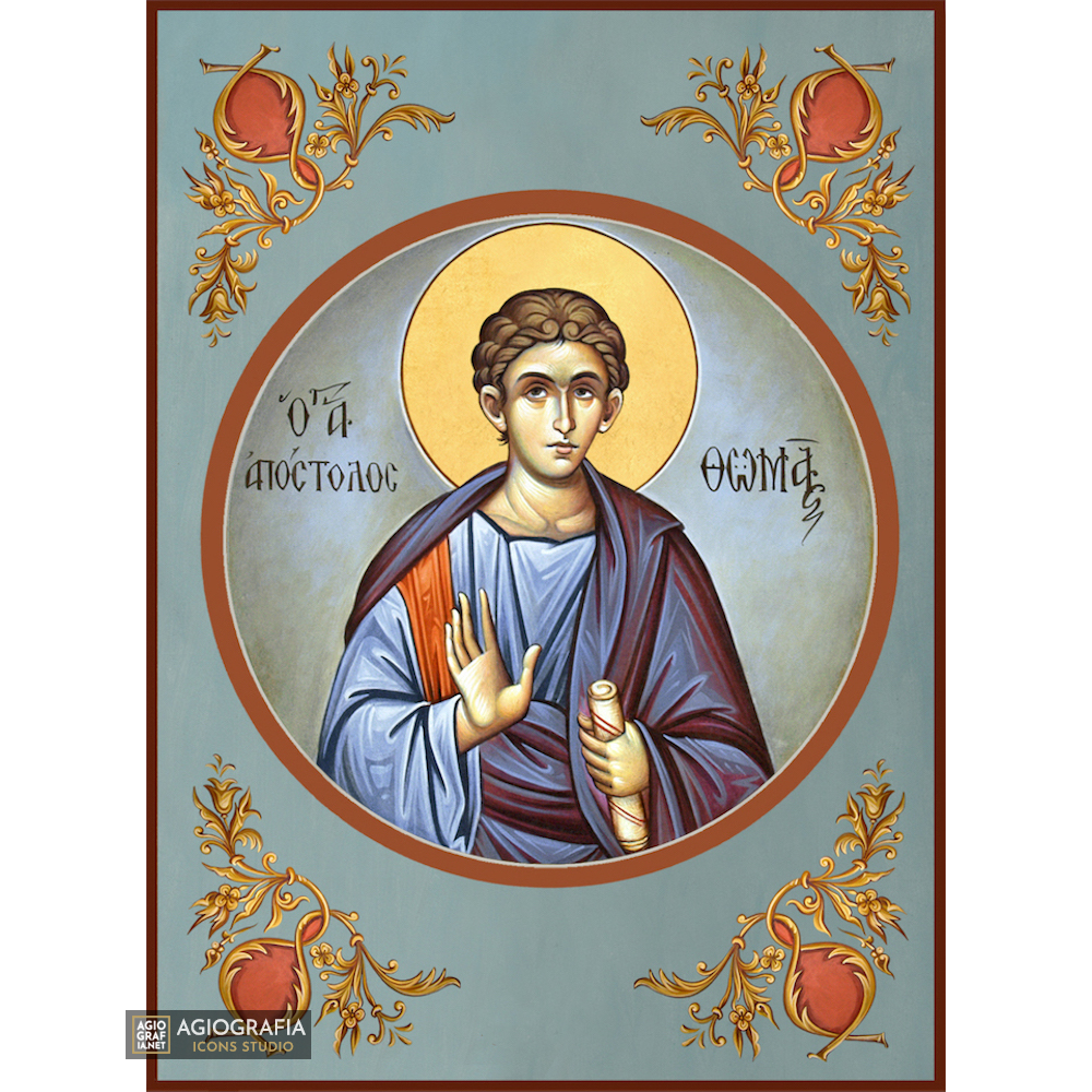 St Apostle Thomas Greek Orthodox Icon with Blue Background