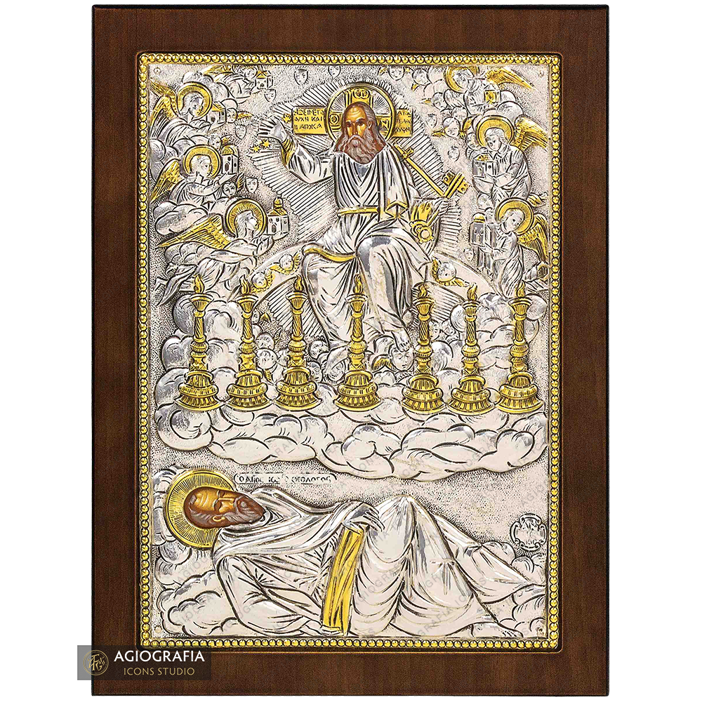Heiliger Apostel Johannes, die Vision mit den 7 Leuchtern, versilberte Ikone
