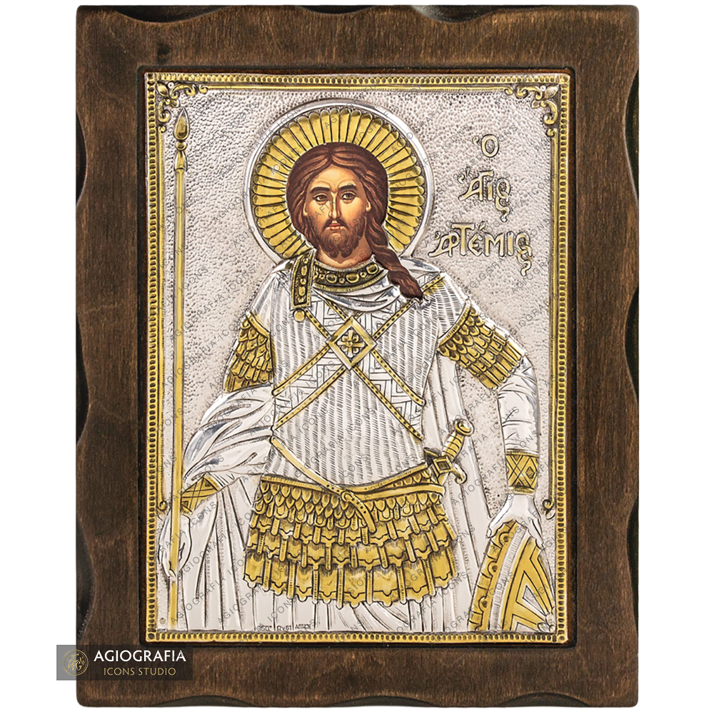 Saint Artemios Pure Silver and 24k Gold Plated Christian Icon