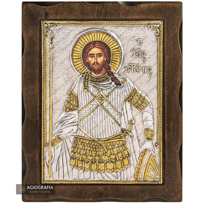 Saint Artemios Pure Silver and 24k Gold Plated Christian Icon
