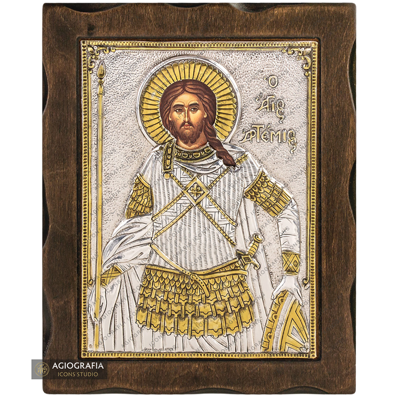 Saint Artemios Pure Silver and 24k Gold Plated Christian Icon