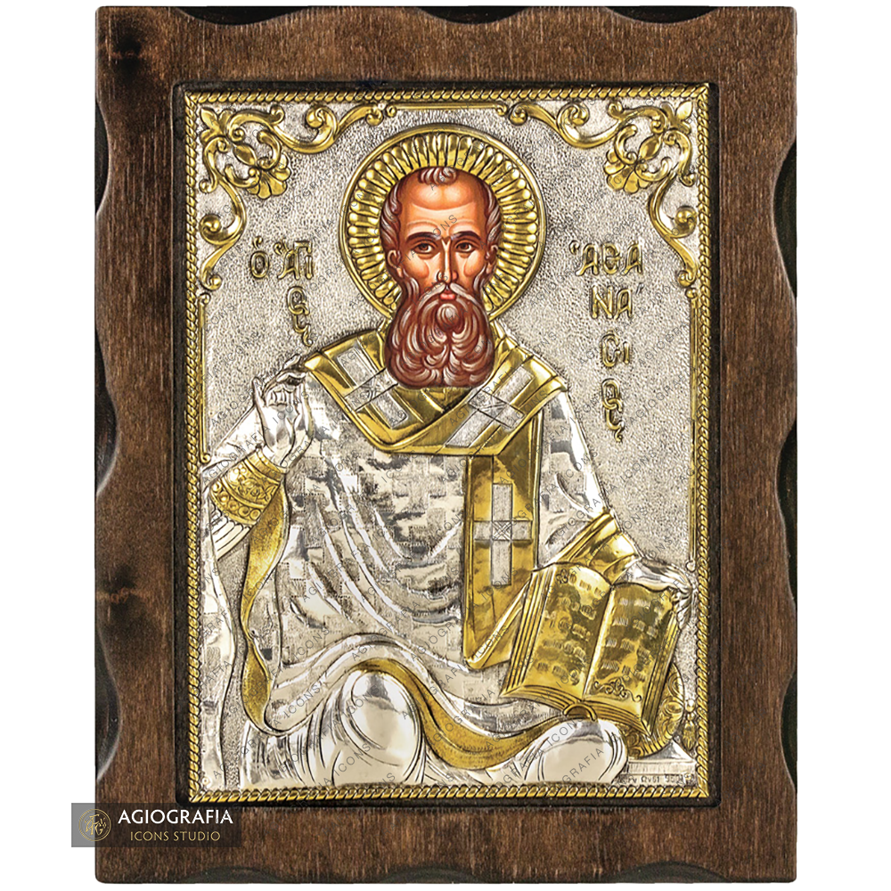 Heiliger Athanasius der Große Ikone aus reinem Silber mit 24k Vergoldung