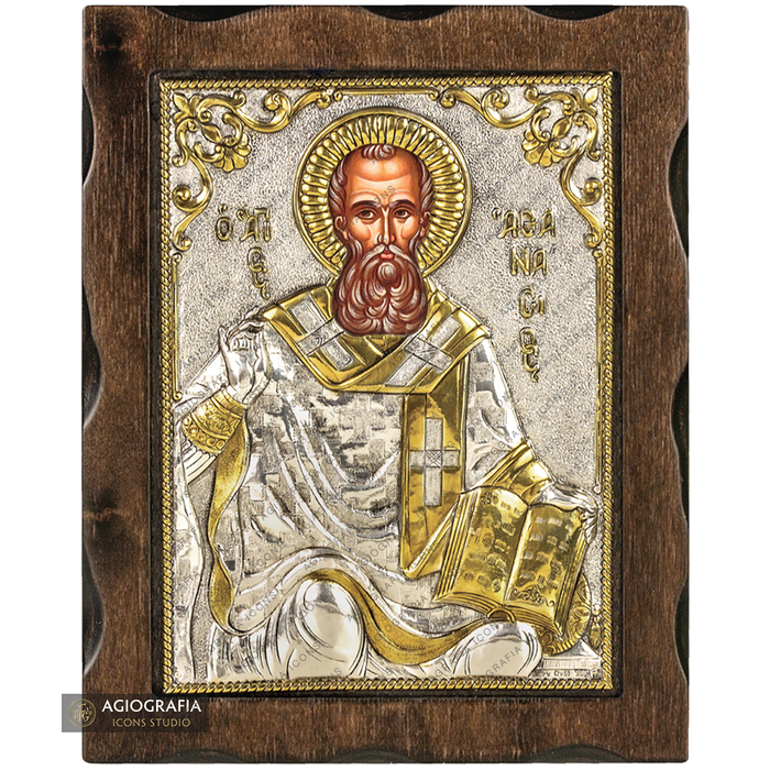 Saint Athanasios the Great Pure Silver and 24k Gold Plated Icon