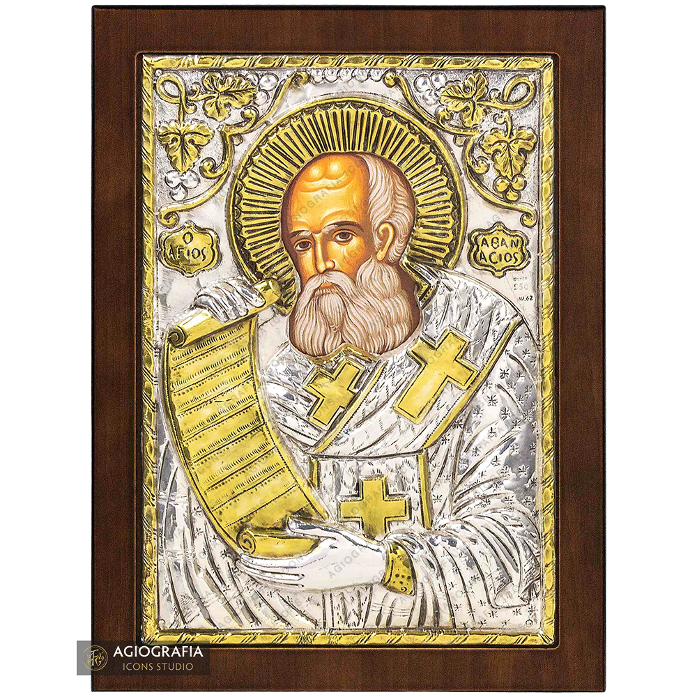 Saint Athanasios the Great Christian Orthodox Silver Plated Icon