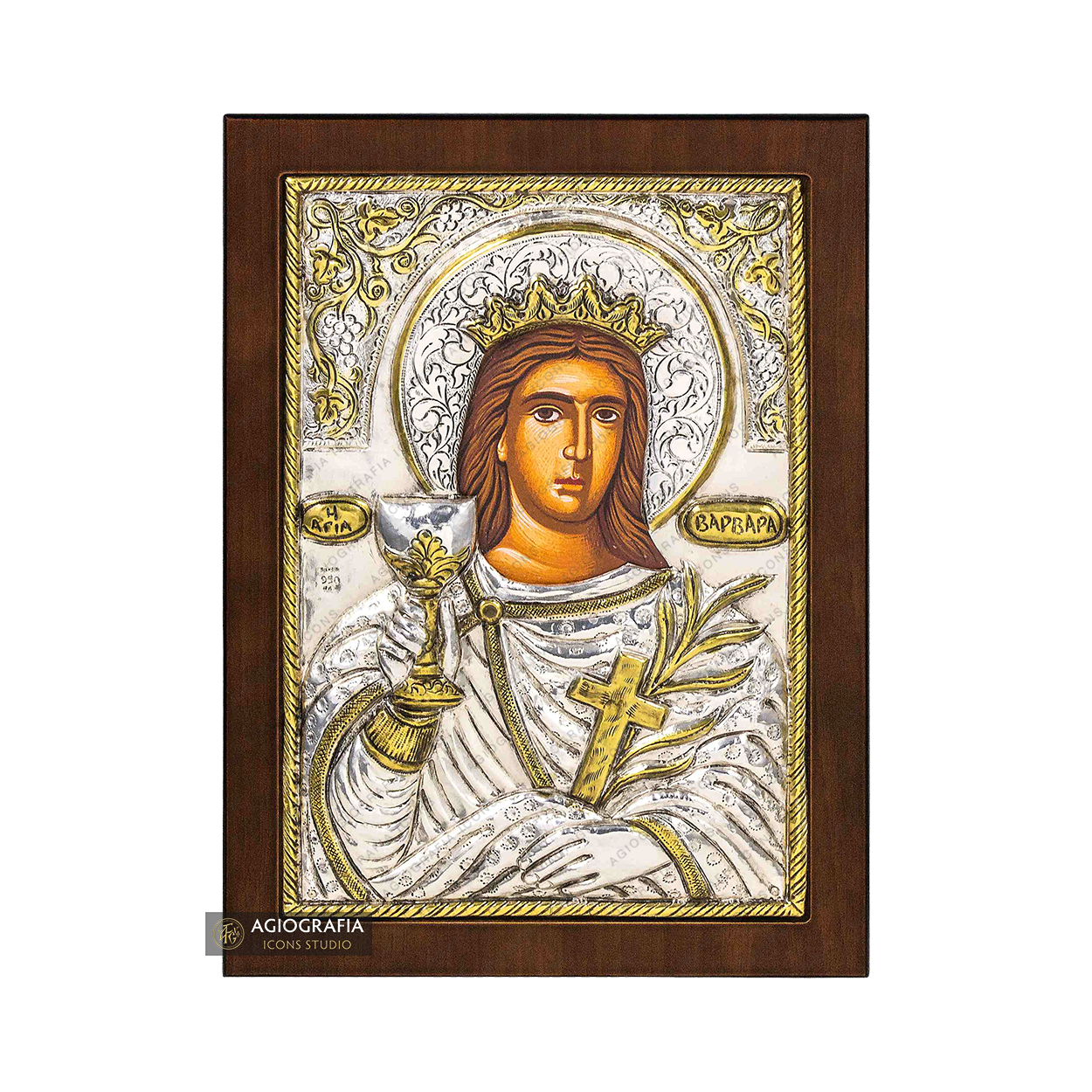 Saint Barbara Christian Orthodox Silver Plated Icon on Wood