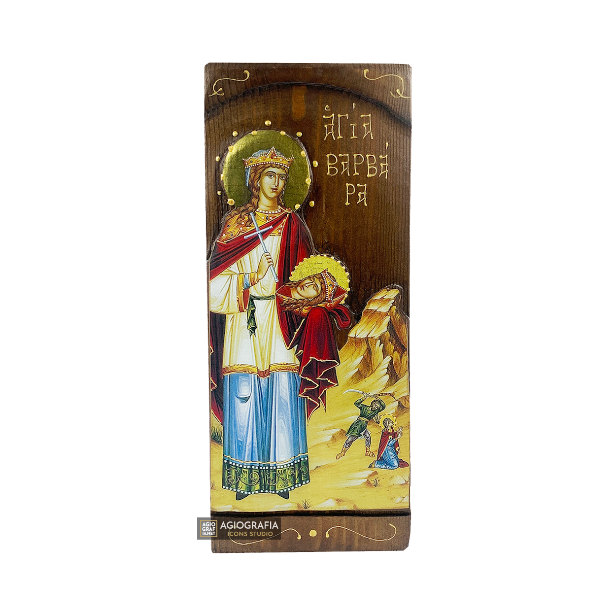 St Barbara Byzantine Greek Gold Print Icon on Carved Wood