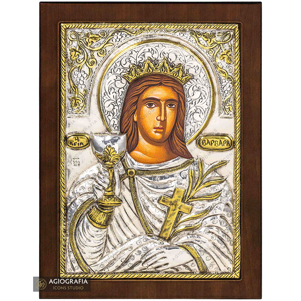 Saint Barbara Christian Orthodox Silver Plated Icon on Wood