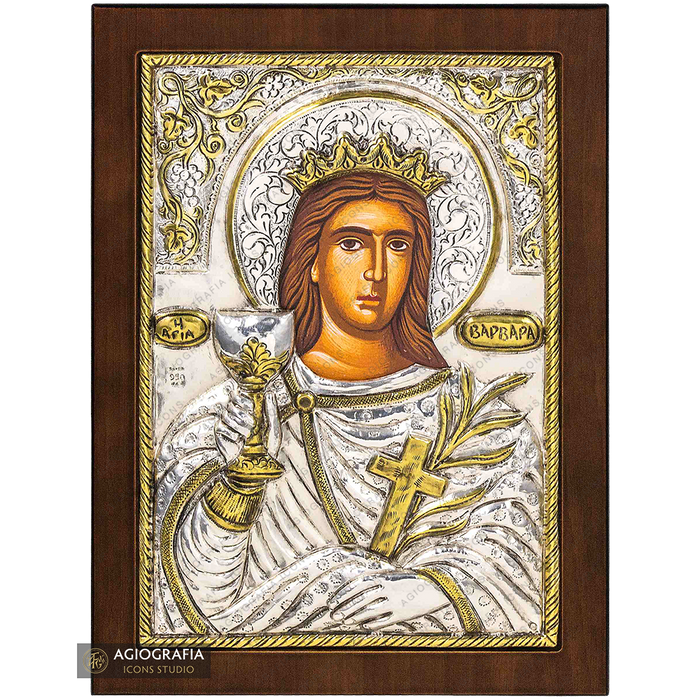 Santa Bárbara icono cristiano ortodoxo plateado en madera