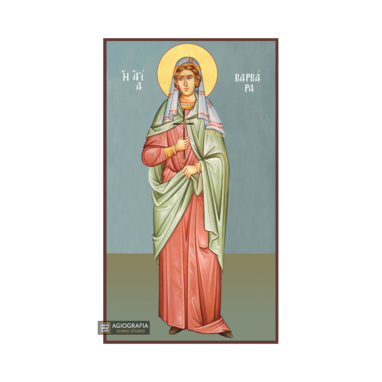 St Barbara Christian Orthodox Wood Icon with Blue Background