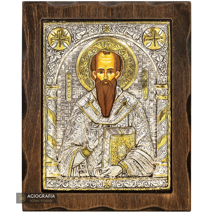 Saint Basil the Great Pure Silver and 24k Gold Plated Icon